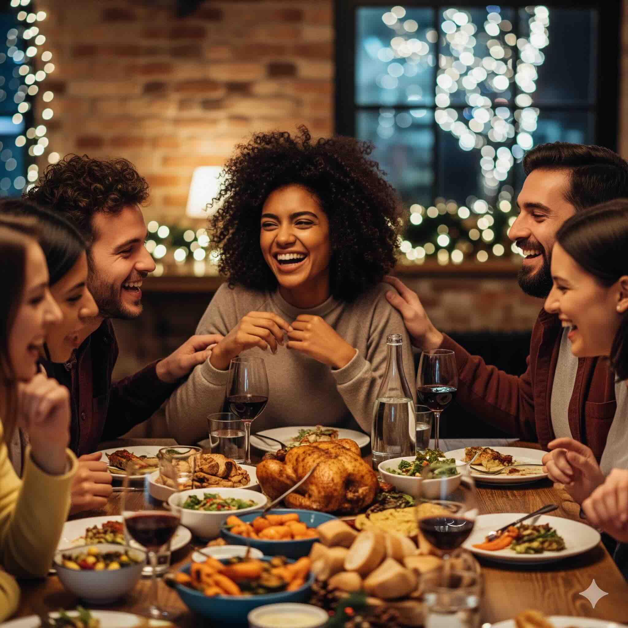 Friends laughing around a table of food at a Christmas gathering
